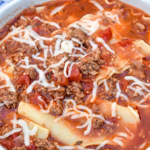 lasagna soup in two white bowls