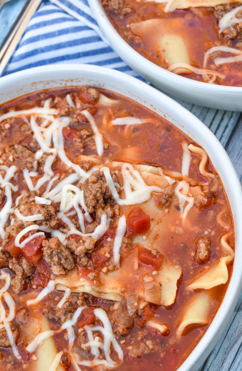 lasagna soup in two white bowls