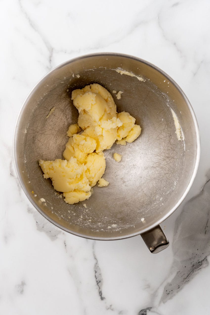 creamed butter in the bowl of a metal stand mixer