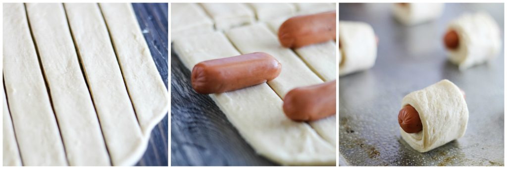 a three image collage showing how to pre and roll pigs in a blanket appetizers