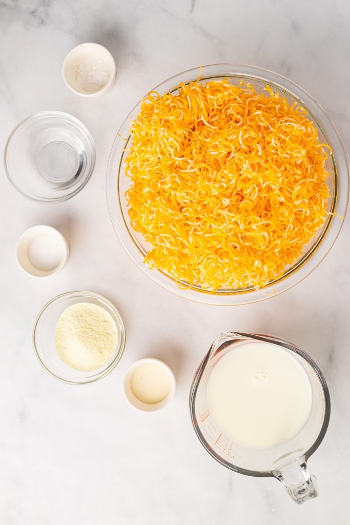 overhead image showing all the ingredients needed to make a loaf of velveeta style american cheese