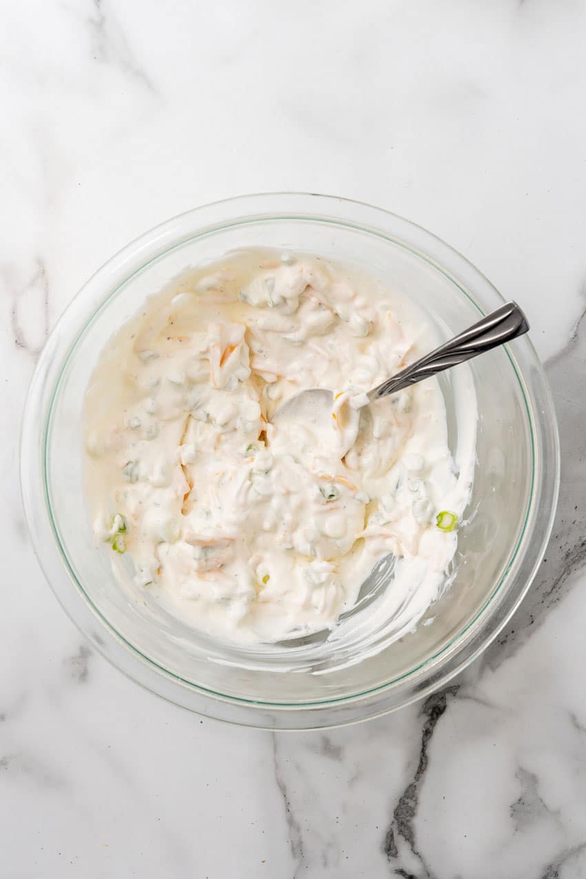 potato salad dressing in a glass mixing bowl