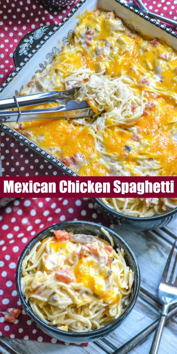 A new spin on the classic pasta dinner, this Cheesy Mexican Chicken Spaghetti is a creamy pasta casserole with a Tex Mex spin, and a delicious, melty cheddar cheese topping.