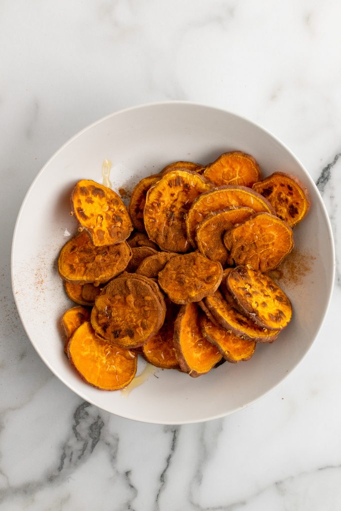 sweet potato chips sprinkled with ground cinnamon and drops of honey