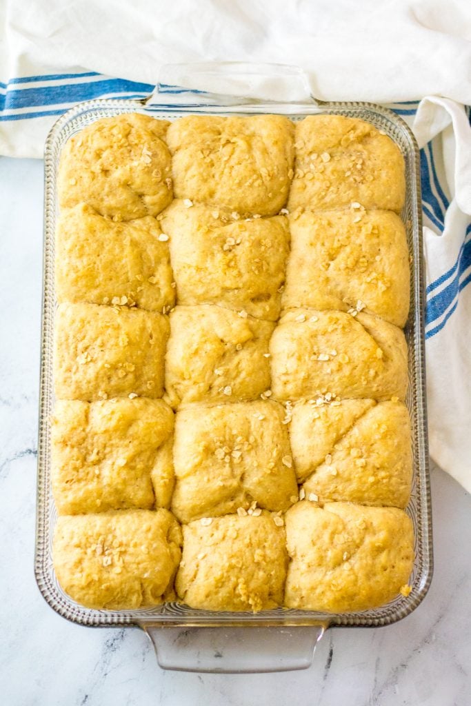 oatmeal pull apart rolls baked in a 9x13 inch glass baking dish