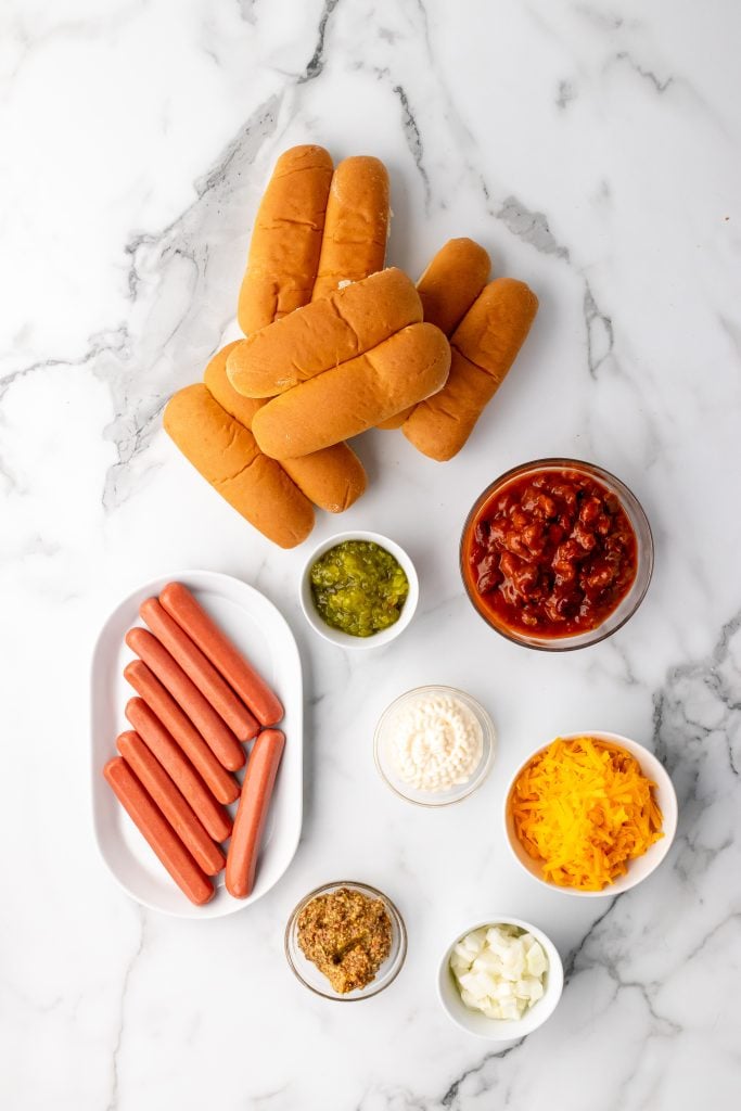 over head image showing the measured ingredients needed to make over baked hot dogs
