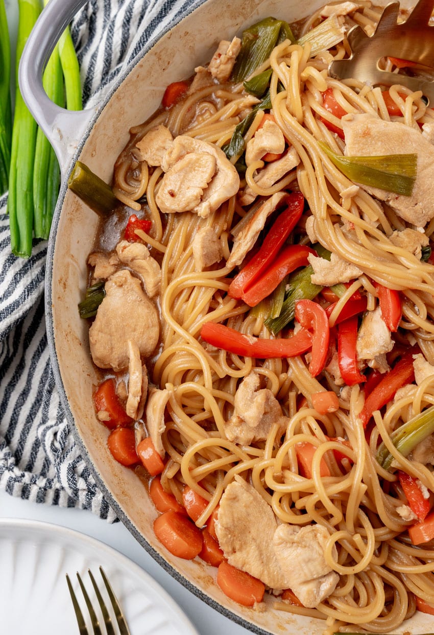 one pot chicken lo mein noodles in a cast iron skillet