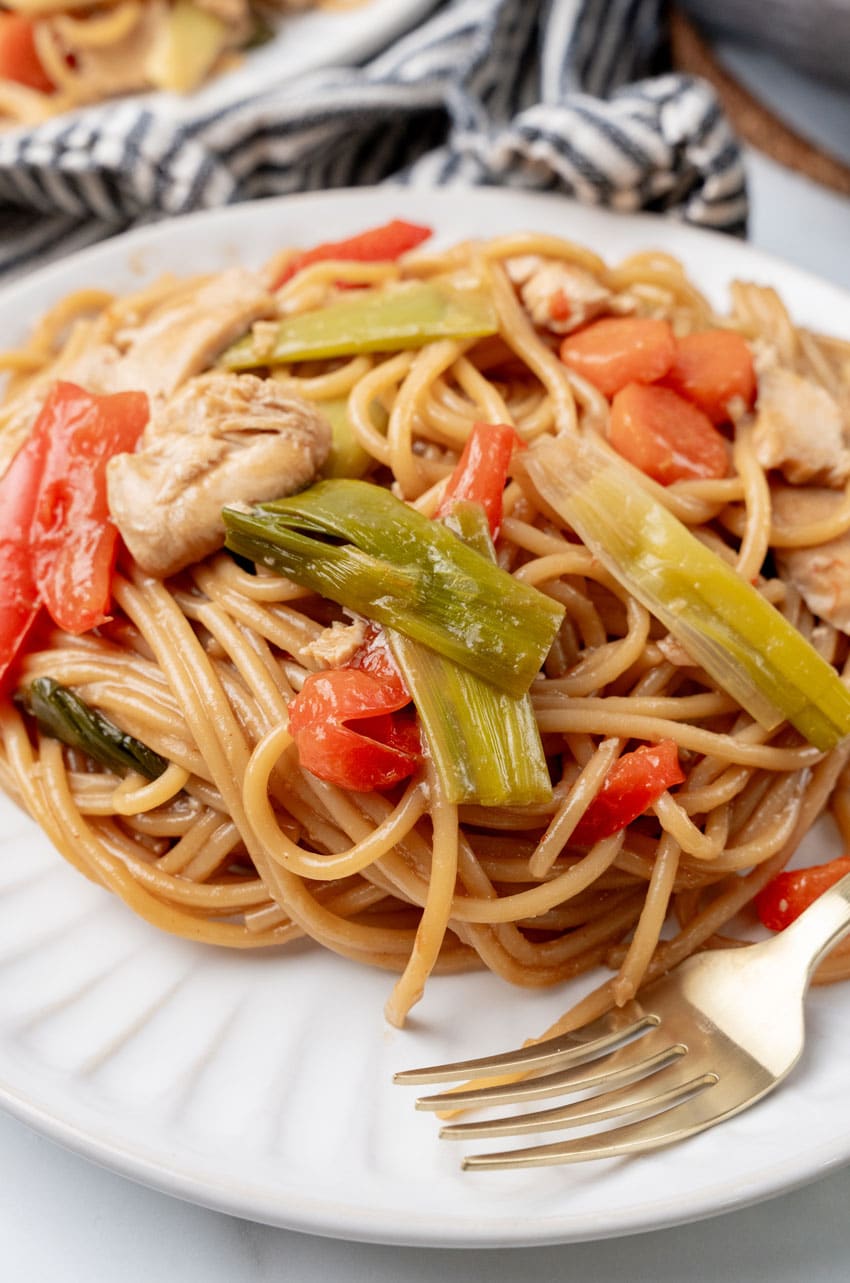 one pot chinese chicken lo mein pasta on two white plates