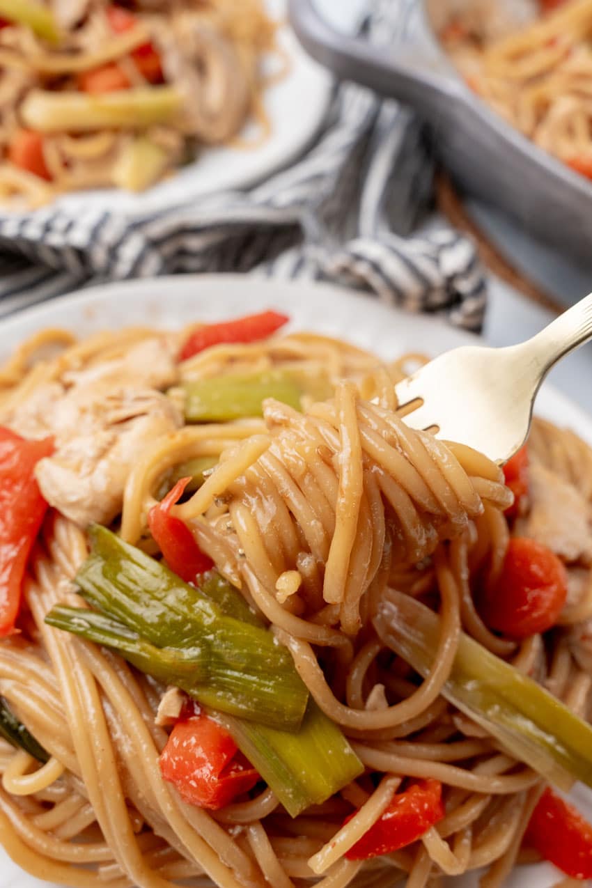 one pot chicken lo mein rapped around a gold fork lifting it off a plate