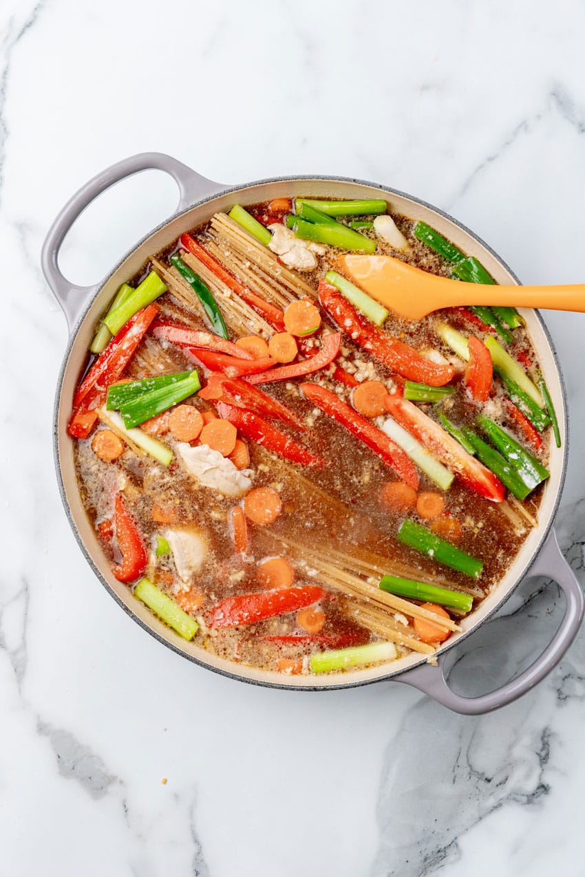 one pot chicken lo mein ingredients in a large cast iron skillet