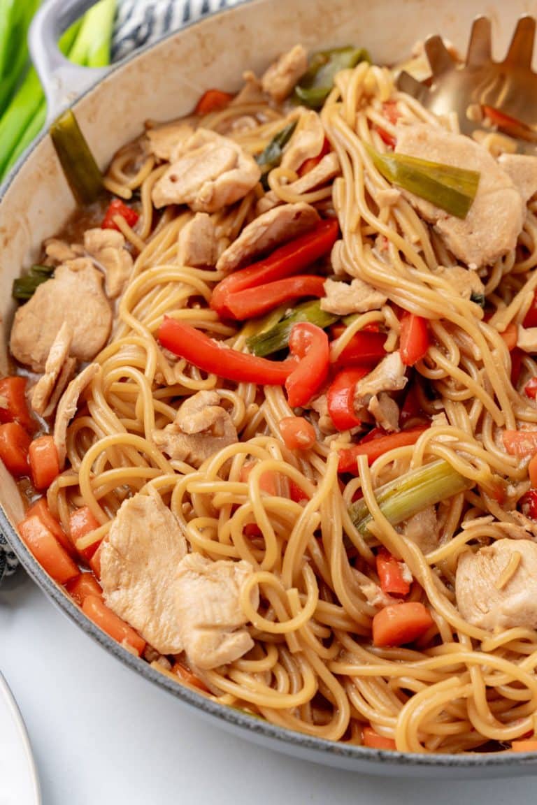 one pot chicken lo mein noodles in a cast iron skillet