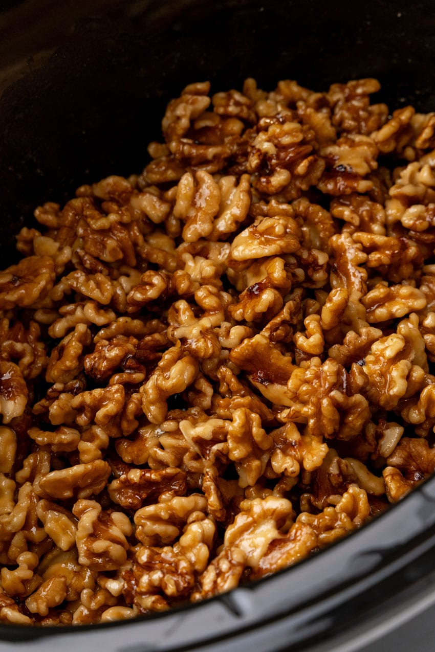 maple walnuts in a black crockpot