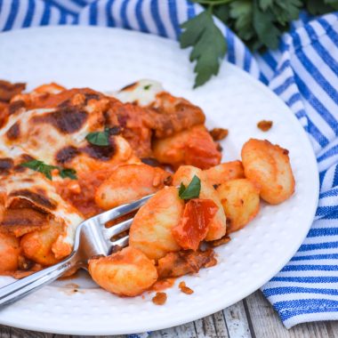 easy baked gnocchi recipe served on a white dinner plate