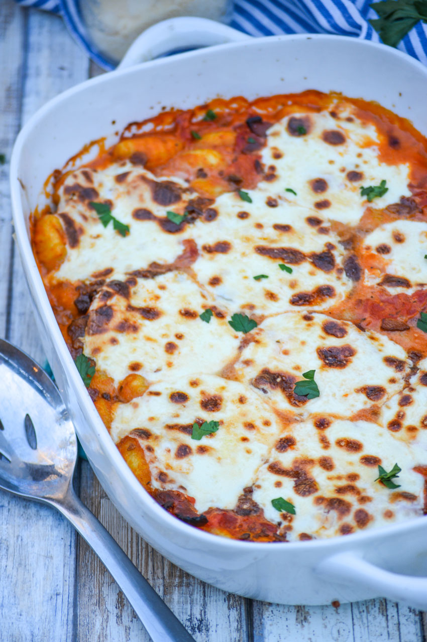 easy baked gnocchi in a white casserole dish