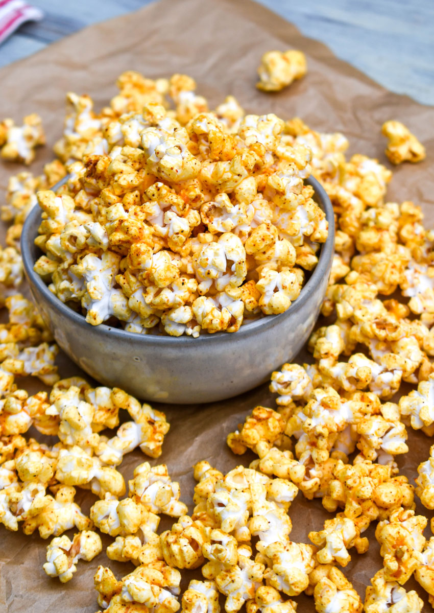 chili cheese popcorn in a gray bowl