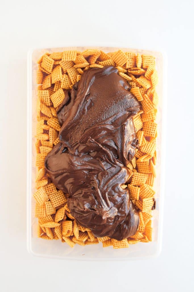 melted milk chocolate poured over chex cereal