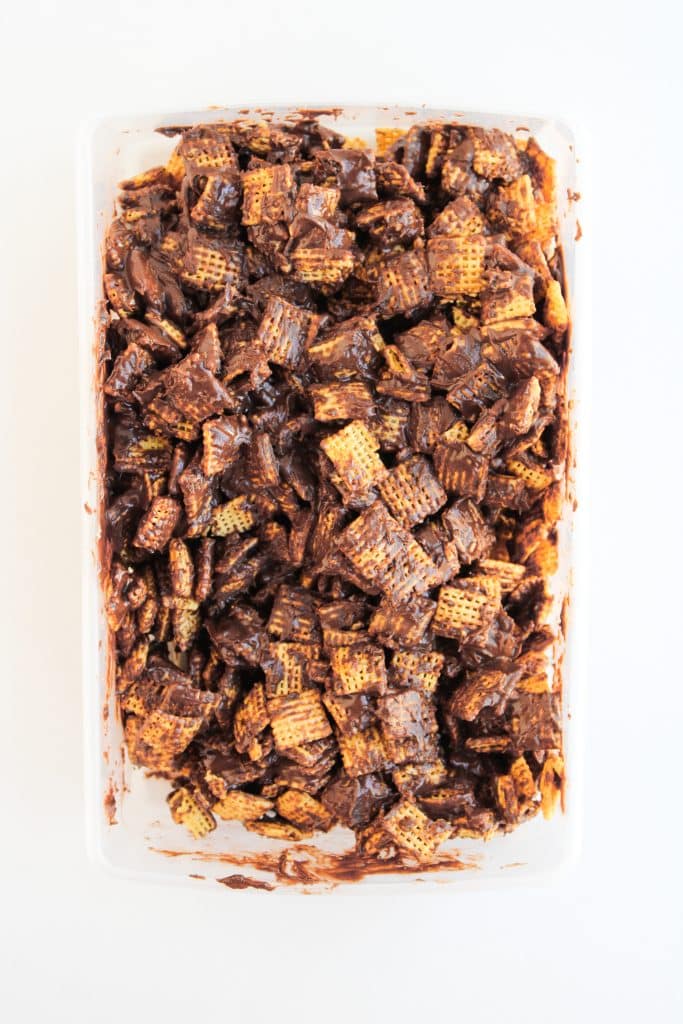 chex cereal pieces coated with melted milk chocolate