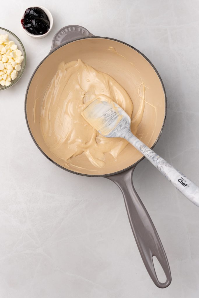 peanut butter flavored chocolate in a gray skillet