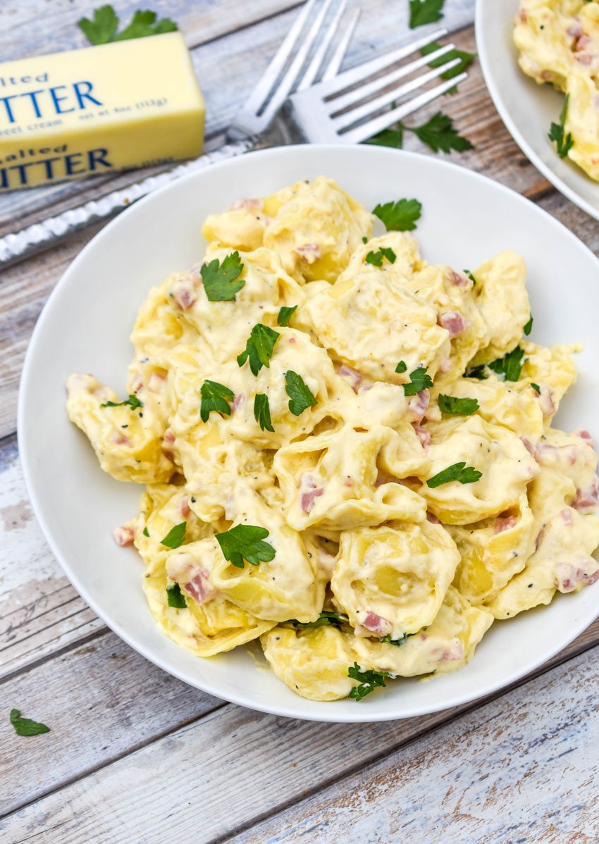 creamy tortellini alfredo in a white bowl topped with chopped fresh herbs
