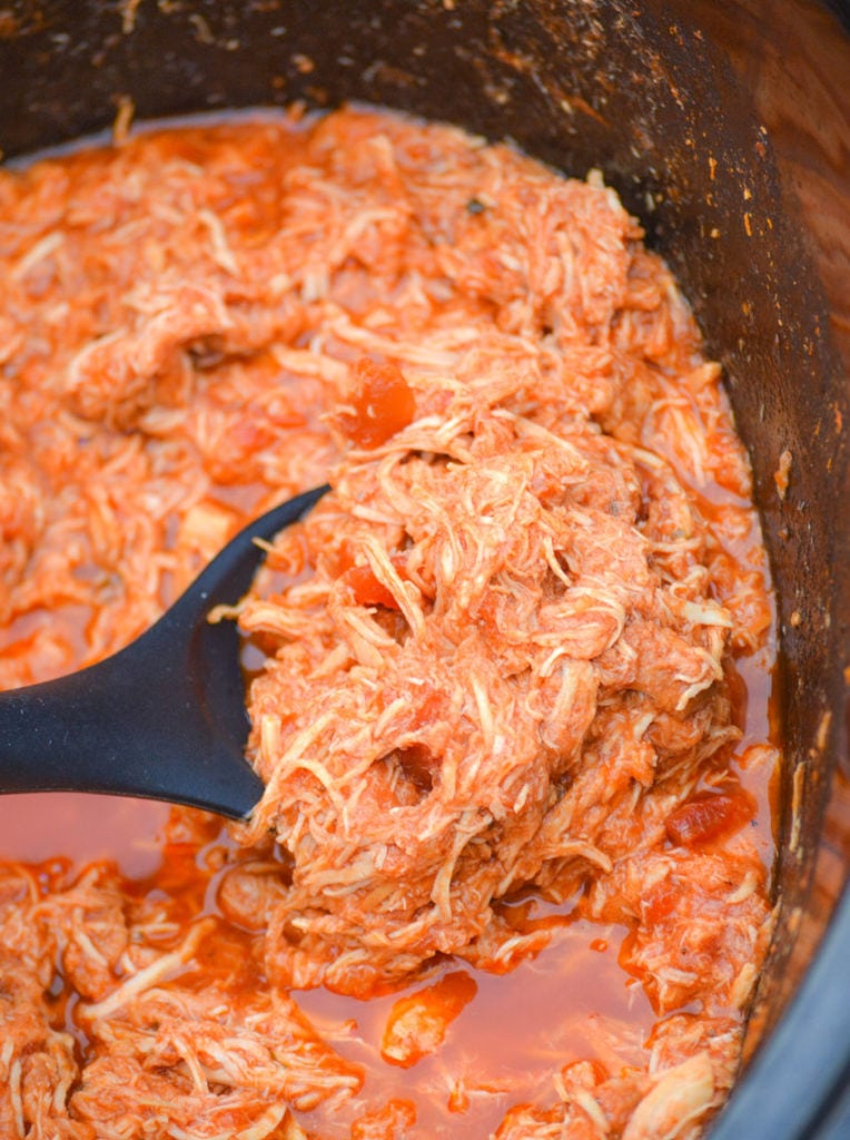 a black spoon shown scooping up shredded spaghetti sauced chicken from a slow cooker
