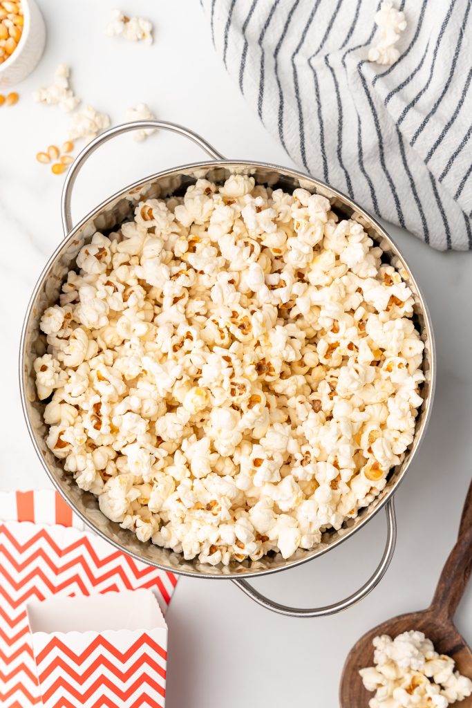 homemade kettle corn in a large metal pot