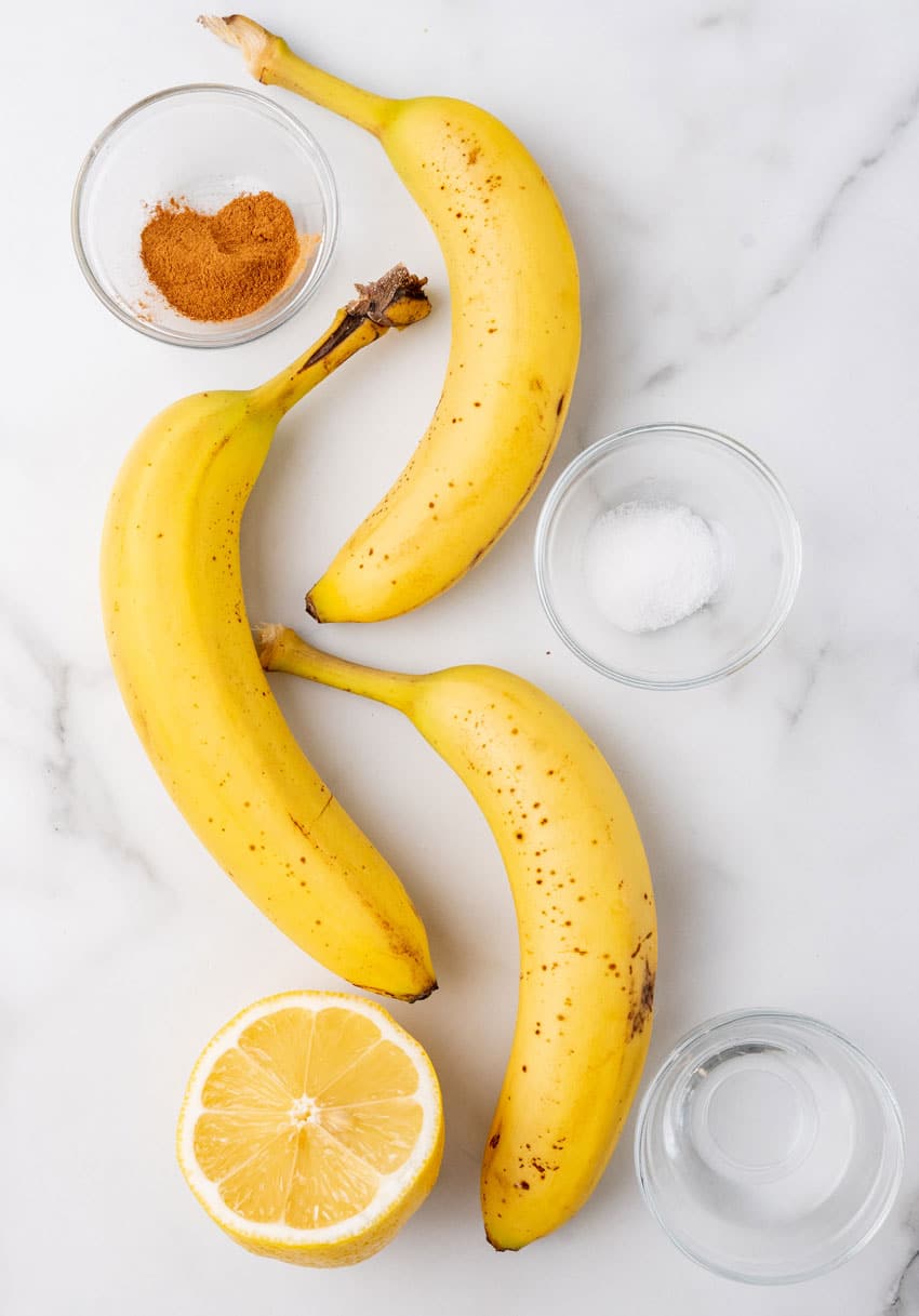 an overhead image showing the measured ingredients needed to make a batch of homemade banana chips
