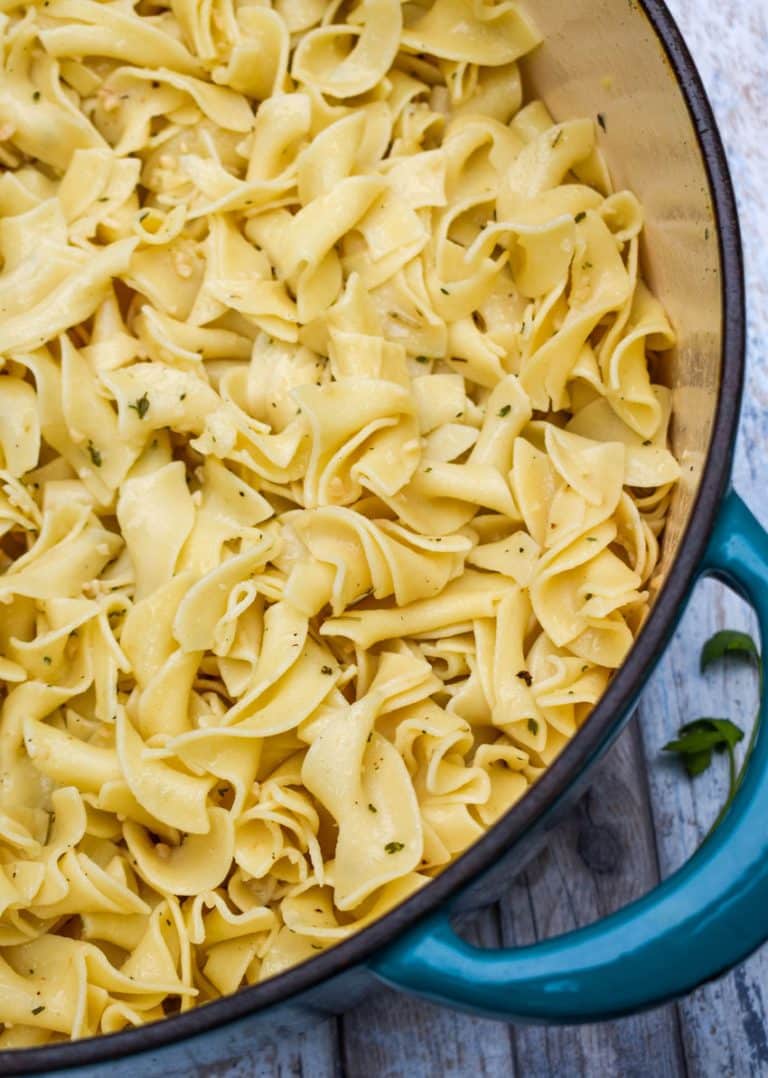 garlic herbed buttered noodles in a large dutch oven