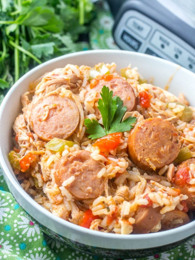 crockpot chicken sausage and rice shown served in a white bowl