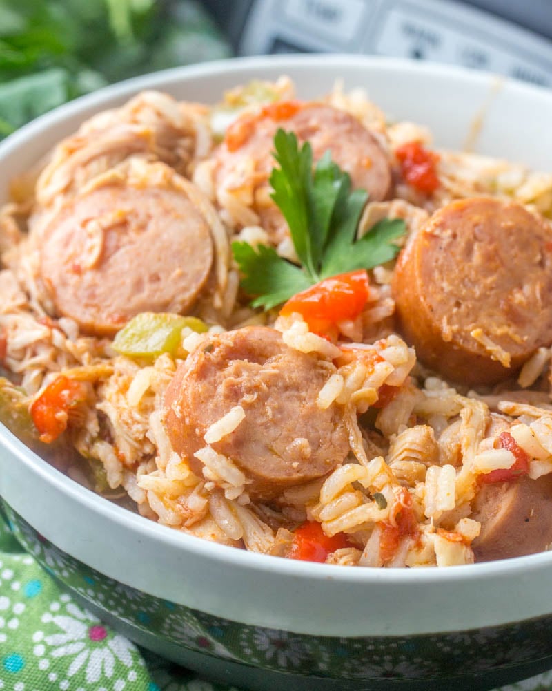 crockpot chicken sausage and rice shown served in a white bowl with a parsley leave on top for garnish