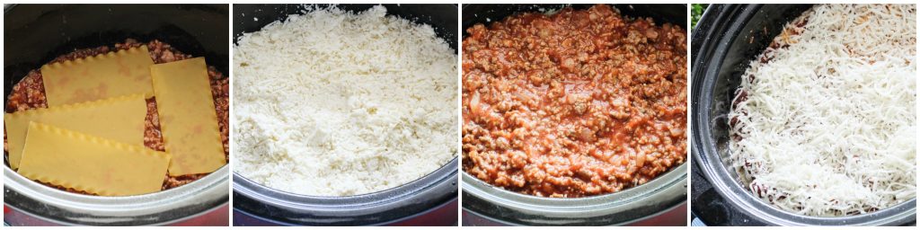 crockpot lasagna in process images shown in a rectangular 4 image collage