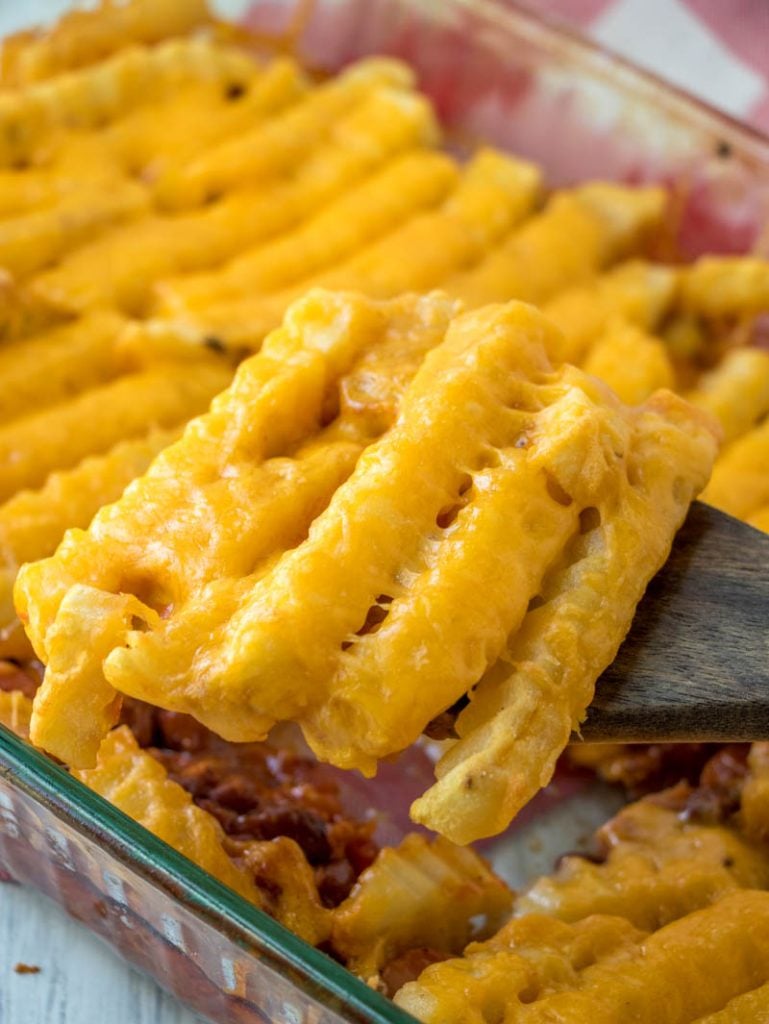 Chili Dog Casserole with Cheese Fries