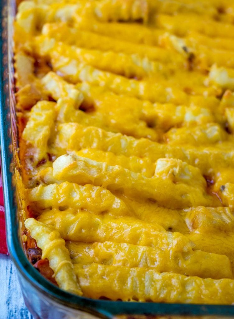 Chili Dog Casserole with Cheese Fries