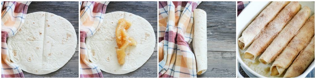 a collage of step by step photos showing how to assemble apple pie taquitos