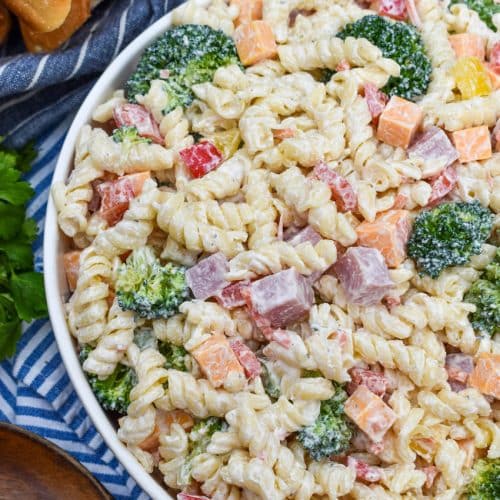 ranch pasta salad in a white serving bowl