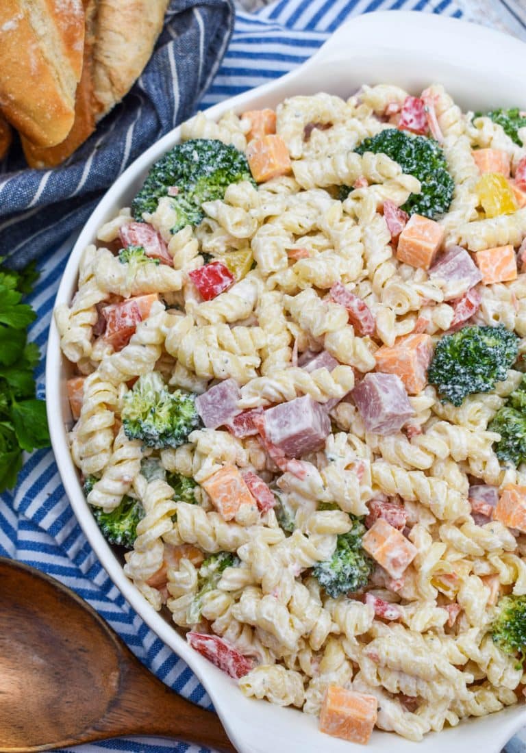 ranch pasta salad in a white serving bowl