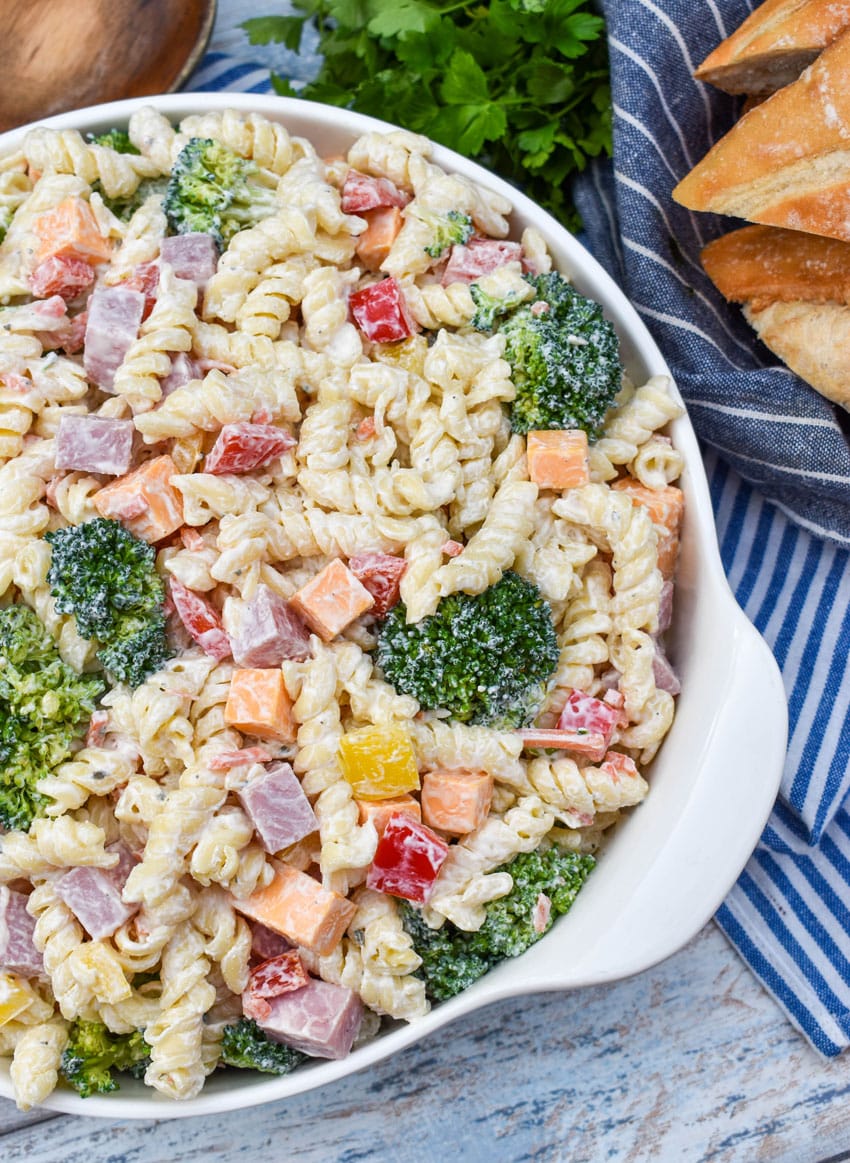 ranch pasta salad in a white serving bowl