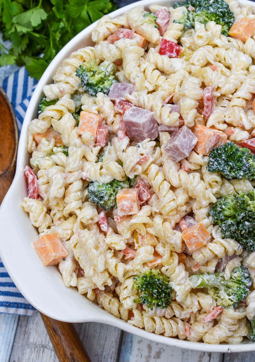 ranch pasta salad in a white serving bowl