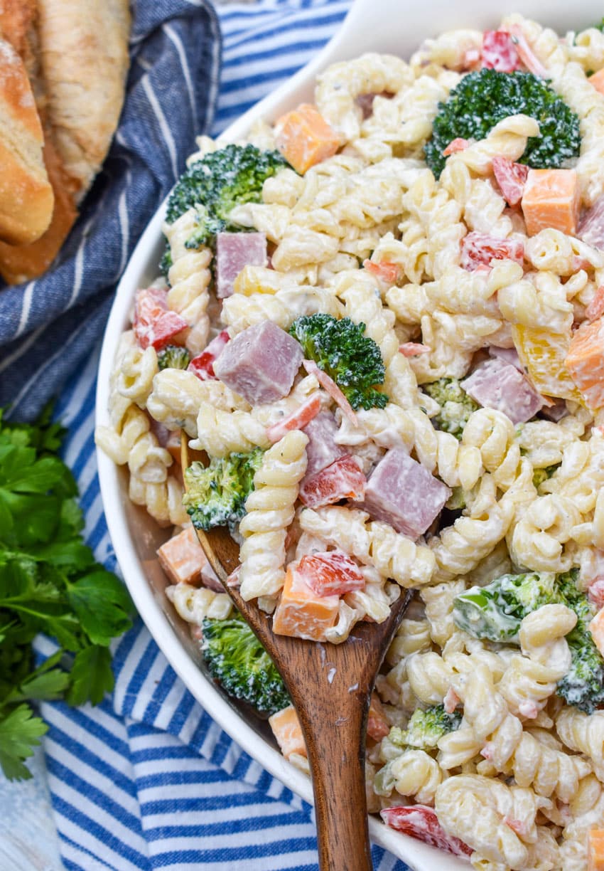 ranch pasta salad in a white serving bowl