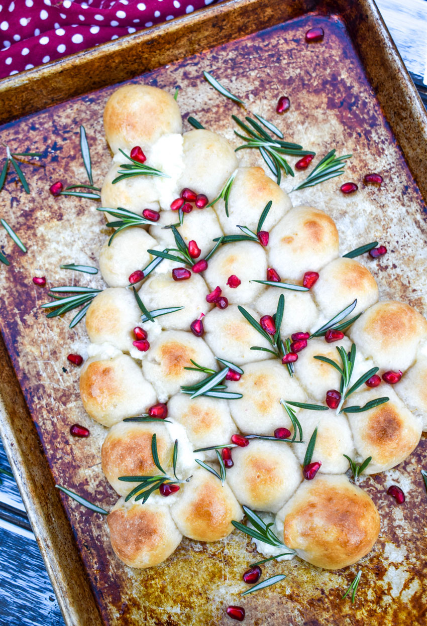 christmas tree pull apart bread on a tarnished metal baking sheet
