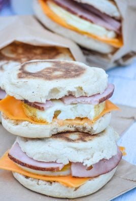 two copycat egg mcmuffin sandwiches stacked on top of each other
