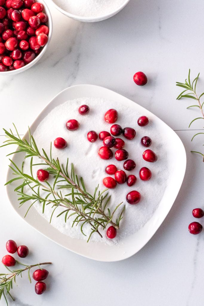 sugared cranberries and rosemary shown on a bed of white sugar