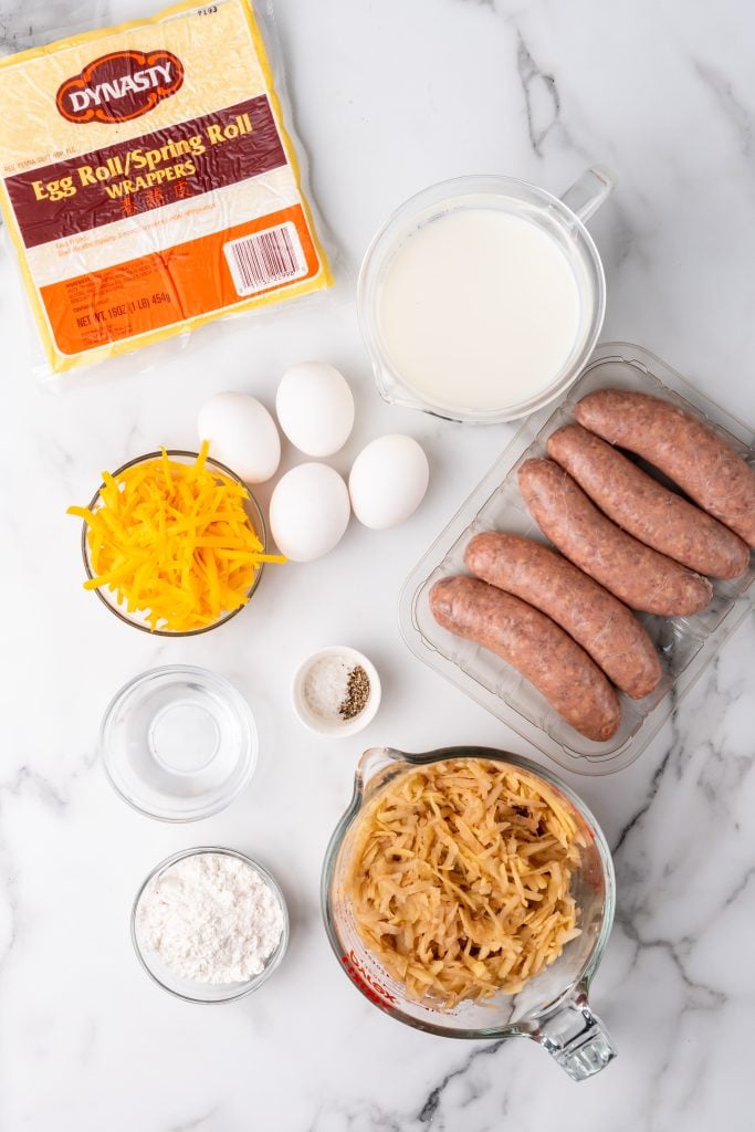 overhead image showing the measured ingredients needed to make breakfast egg rolls