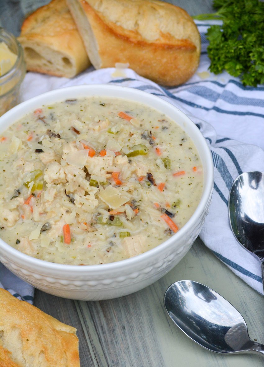 chicken and wild rice soup in a white bowl