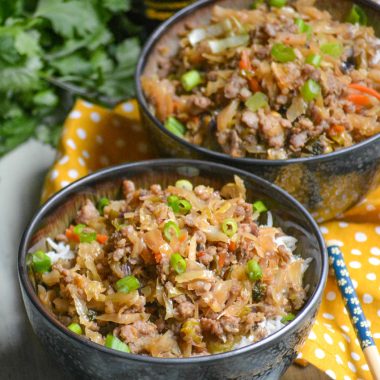 pork egg roll bowl shown with chop sticks