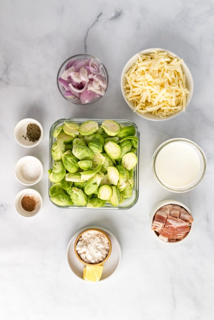 an overhead shot of the ingredients needed to make brussels sprouts gratin