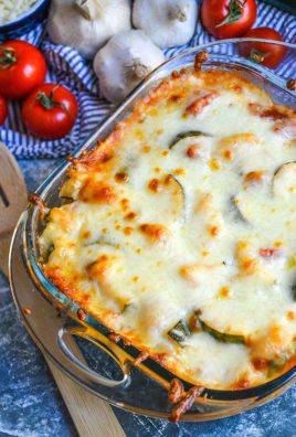 baked gnocchi with zucchini & tomatoes in a square pyrex baking dish