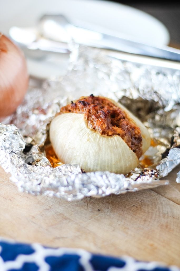 a grilled onion bomb unwrapped from its foil packet