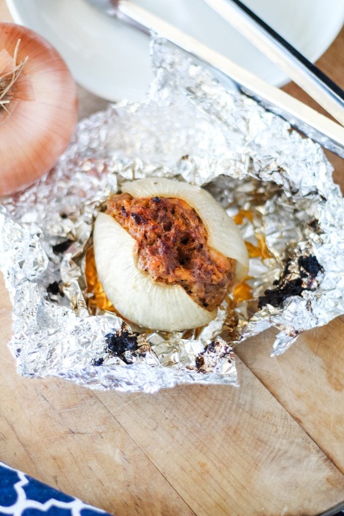 a grilled onion bomb unwrapped from its foil packet