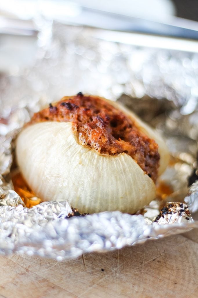 a grilled onion bomb unwrapped from its foil packet
