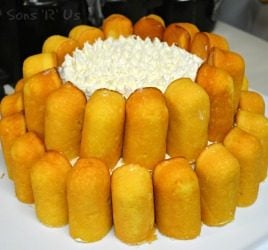 two tiered twinkie cake with cream frosting center